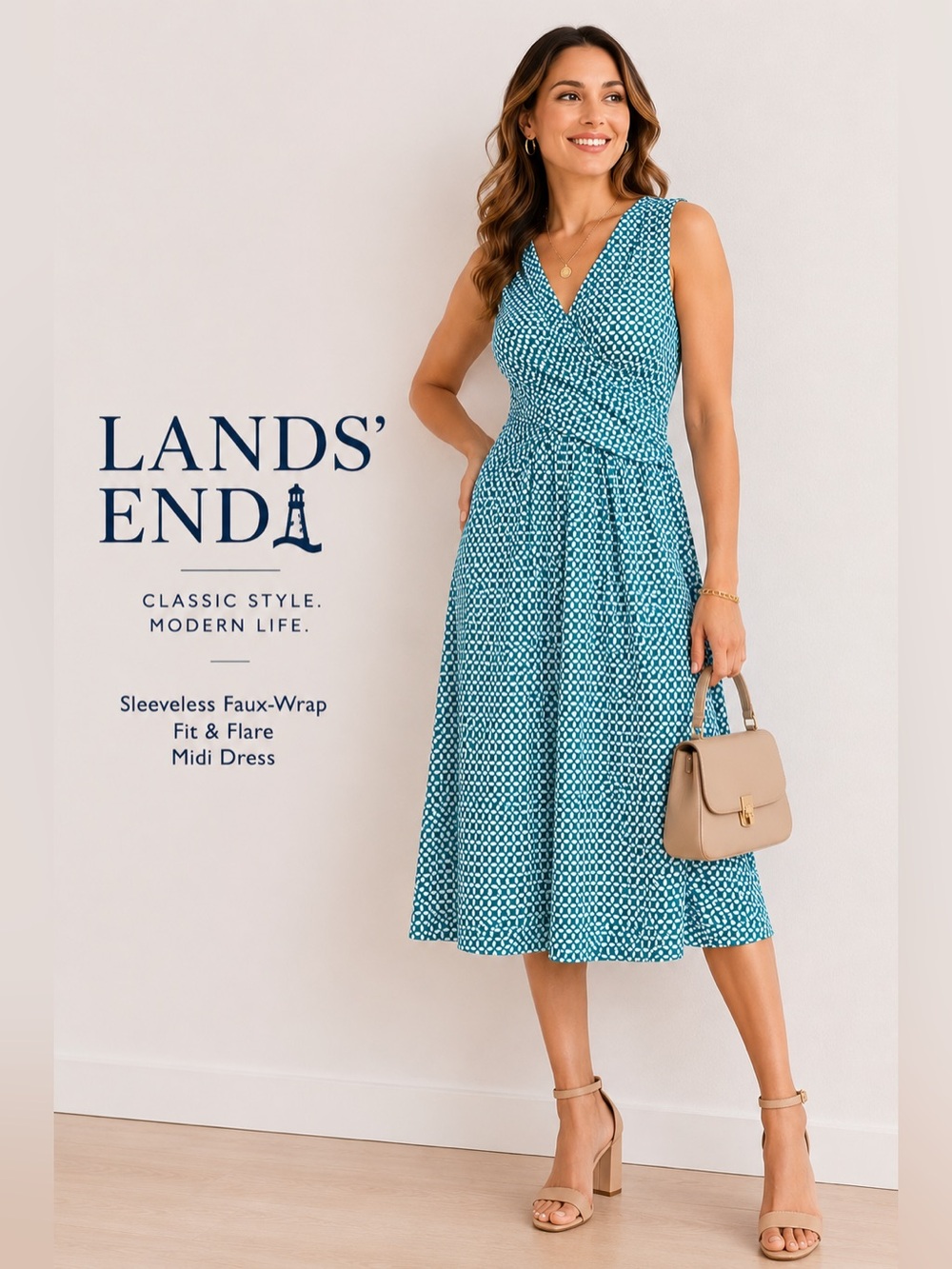 Lands’ End M/T 10-12 Teal Brilliant Aqua Geo Faux Wrap Fit & Flare Dress